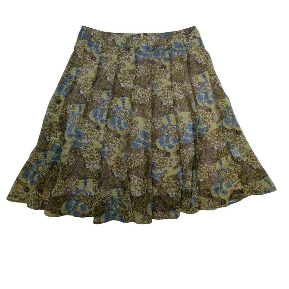Christopher & Banks Olive Green and Blue Floral Pleated Skirt